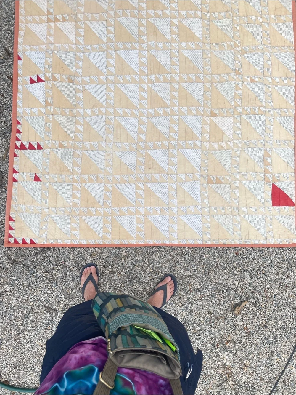 Beige and Red Triangle Patchwork Quilt - Classic Handmade Design